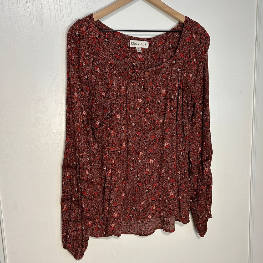 Knox Rose Burgundy Floral Long Sleeve Blouse Boho Romantic Top L